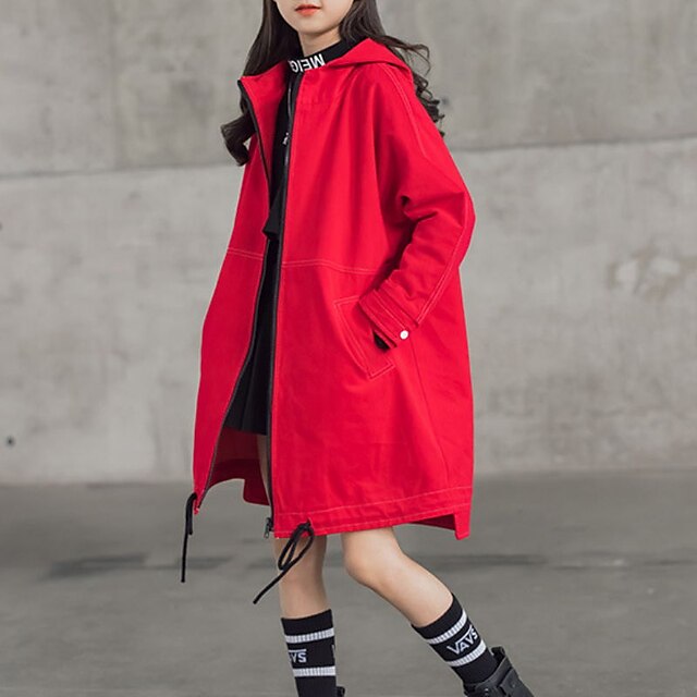 Baby & Kids Girls Clothing | Kids Girls Coat Long Sleeve Black Red Plain Zipper Fall Spring Active Daily 4-12 Years - ZG45299