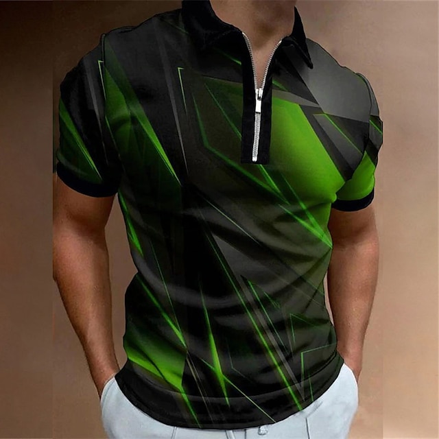  Pánské Polo trička Golfová košile Stuha Přehnutý Zelená / černá 3D tisk ulice Denní Krátký rukáv Zip 3D Oblečení Módní Na běžné nošení Pohodlné
