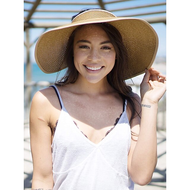  Women's UPF 50+ Wide Brim Roll-up Straw Sun Hat Sun Visor Ponytail Summer Beach Hat UV UPF Packable Foldable Travel