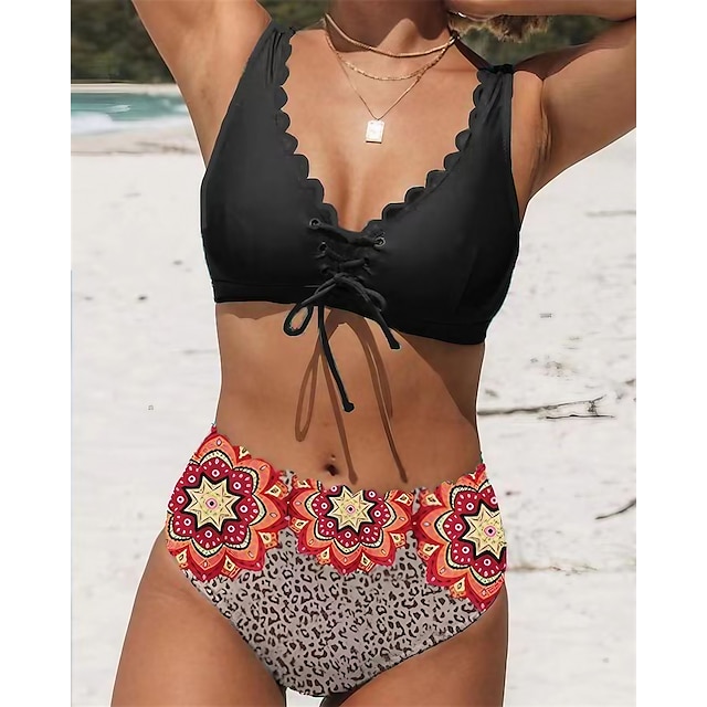  Women's Swimwear Bikini 2 Piece Plus Size Swimsuit Lace up Open Back Printing High Waisted Floral Leopard Black V Wire Bathing Suits New Stylish Vacation / Sexy