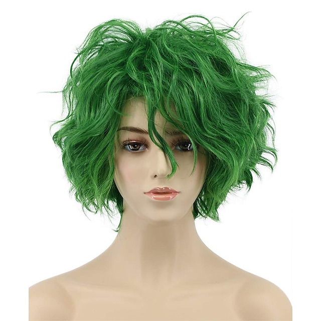 kvinnor och män fluffig kort bob lockig grön peruk cosplay anime peruk