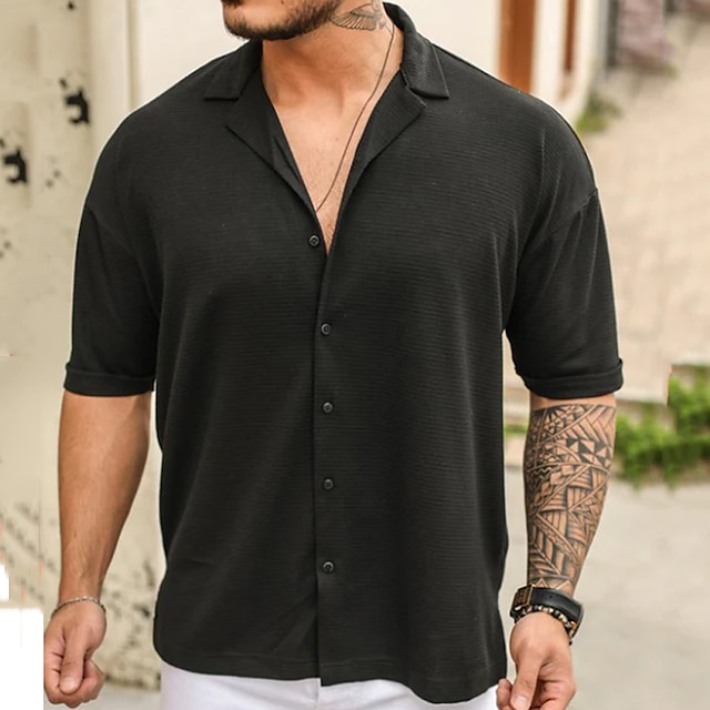 Mens Clothing Mens Shirts | Mens Shirt Solid Color Turndown Street Casual Button-Down Short Sleeve Tops Casual Fashion Breathabl