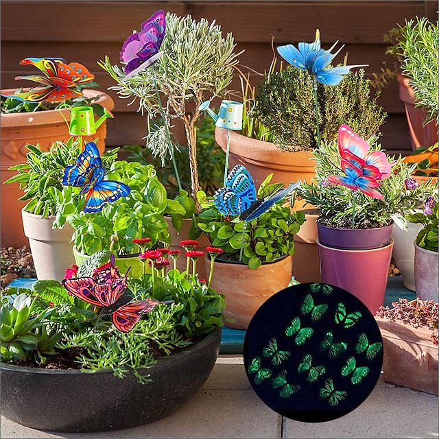  10 peças luminosas borboletas coloridas estacas de decoração de jardim à prova d'água 3d ornamentos de jardim decorações ao ar livre para pátio gramado pvc arte de jardinagem