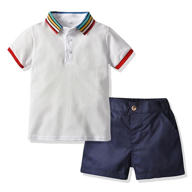 Baby & Kids Boys Clothing | Kids Boys T-shirt & Shorts Clothing Set 2 Pieces Short Sleeve White Pink Yellow Stripe Patchwork Str