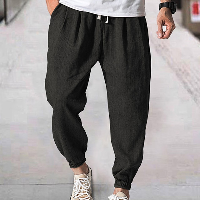  Men's Joggers Linen Pants Trousers Summer Pants Drawstring Elastic Waist Plain Comfort Soft Daily Beach Fashion Streetwear Dark Khaki Black Micro-elastic