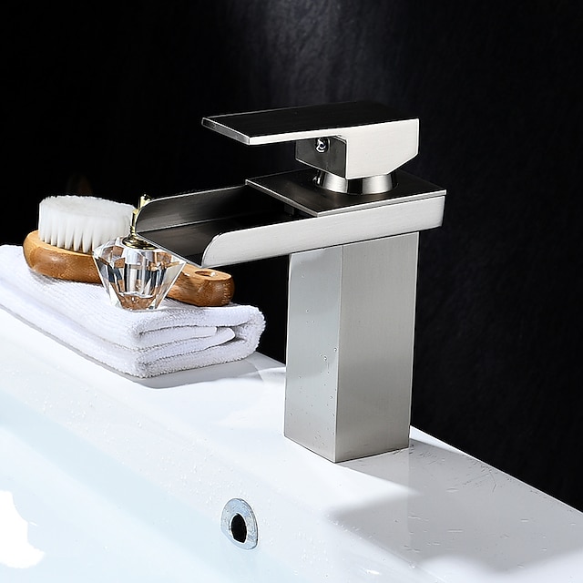  Bathroom Sink Mixer Faucet Waterfall, Modern Style Single Handle One Hole Chrome Centerset Washroom Basin Taps Brass Adjustable Cold Hot Water Hose