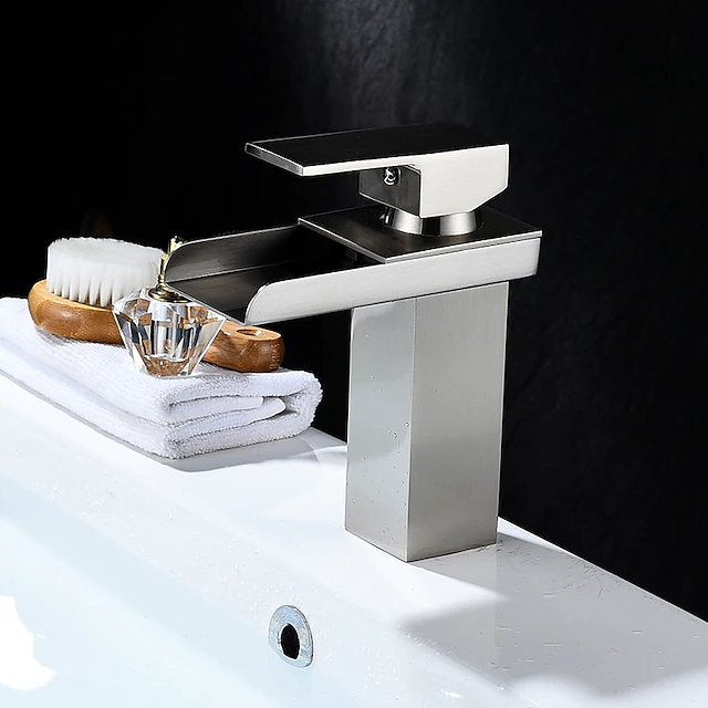 Bathroom Sink Mixer Faucet Waterfall, Modern Style Single Handle One Hole Chrome Centerset Washroom Basin Taps Brass Adjustable Cold Hot Water Hose 14