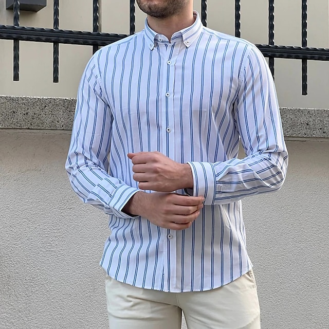 Mens Clothing Mens Shirts | Mens Shirt Striped Turndown Street Casual Button-Down Long Sleeve Tops Business Casual Fashion Breat