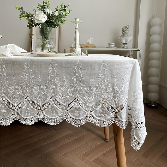  White Tablecloth Rectangle Lace Table Cloths Farmhouse Style Table Cover for Kitchen Dining, Party, Holiday, , Buffet