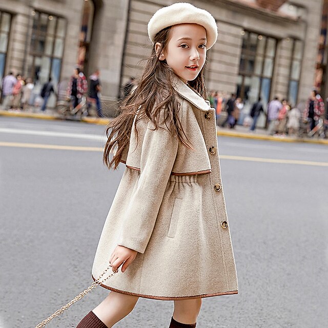 Baby & Kids Girls Clothing | Kids Girls Coat Long Sleeve Beige Plain Pocket Fall Winter Active Daily 3-13 Years - UC33586