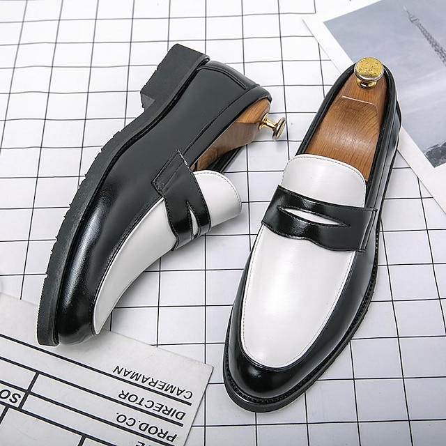  Men's Two-Tone Faux Leather Slip-On Loafers – Black and White Penny Dress Shoes for Prom, Business Party, Gatsby Nightlife, Vintage 1950s Swing Look