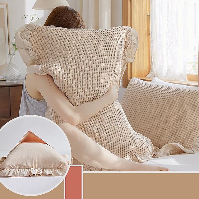  Cotton Pillowcase for Hair and Skin Pillow Cases No Zipper Pillow Covers With Ruffle Tie Light Comfortable Breathable Machine Washable for Summer