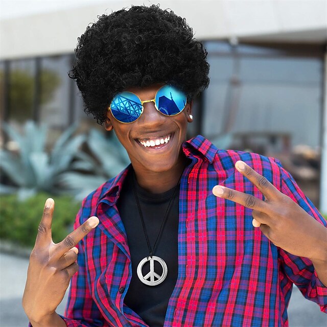 Beauty & Hair Wigs & Hair Pieces | Costume Set Funky Afro Wig Sunglasses Peace Sign Necklace for 50/60/70s Theme Party - FL00497