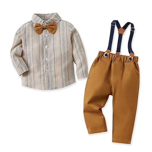 Baby & Kids Boys Clothing | Kids Boys Shirt & Pants Clothing Set 2 Pieces Short Sleeve Brown Stripe Ruched Bow Print Street Outd