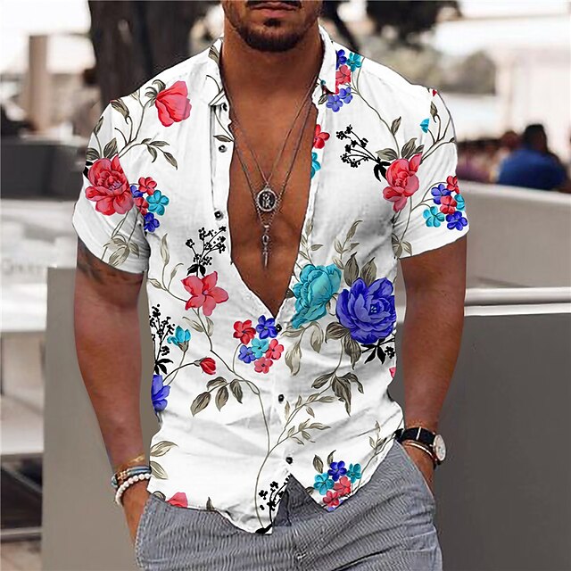 Hawaiian Shirt Mens Graphic Aloha Floral Turndown White Print Outdoor Street Short Sleeve Button Clothing Apparel Fashion Designer Casual Cotton Button-Down3