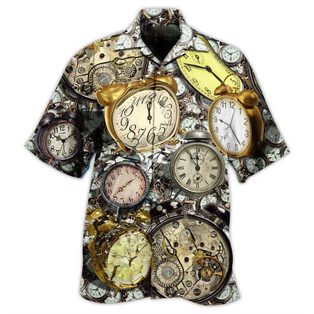 Mens Clothing Mens Shirts | Mens Shirt Clock Turndown Street Casual 3D Button-Down Short Sleeve Tops Casual Fashion Comfortable 