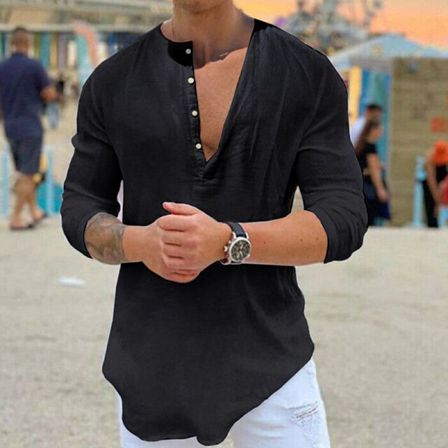 Men's Linen Shirt Shirt Summer Shirt Beach Shirt Black White Blue Long ...