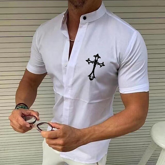 Mens Clothing Mens Shirts | Mens ShirtSolid Color Cross Standing Collar Street Casual Button-Down Print Half Sleeve Tops Designe