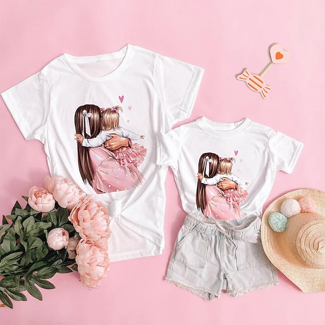 Baby & Kids Matching Outfits | Mommy and Me T shirt Tops Cartoon Graphic Patterned Heart Causal Print White Blue Pink Short Slee