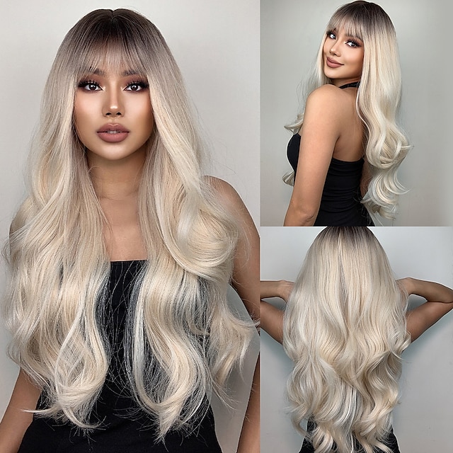  HAIRCUBE Wigs Trendy Ombre Gray White Blonde Wavy Wigs Long Natural Wave Wigs With Bangs For White Women barbiecore Wigs
