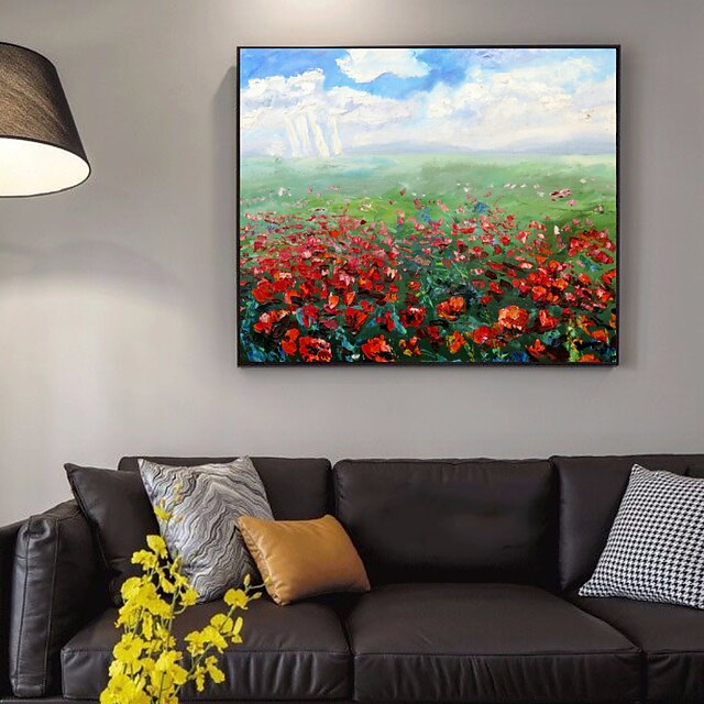 Home & Garden Wall Art | Oil Painting Handmade Hand Painted Wall Art Abstract Landscape and Red Flowers Canvas Painting Home Dec