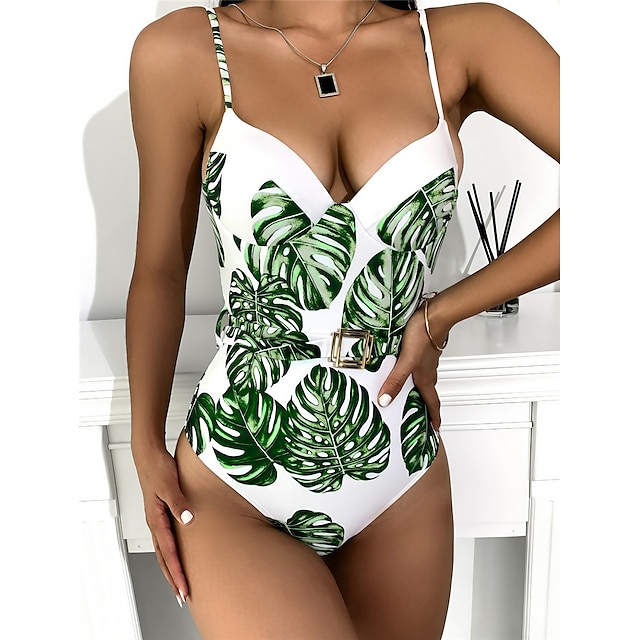  Women's Swimwear One Piece Monokini Bathing Suits Normal Swimsuit Leaves Tummy Control Open Back Printing High Waisted Red Green Strap Bathing Suits Vacation Fashion Sexy