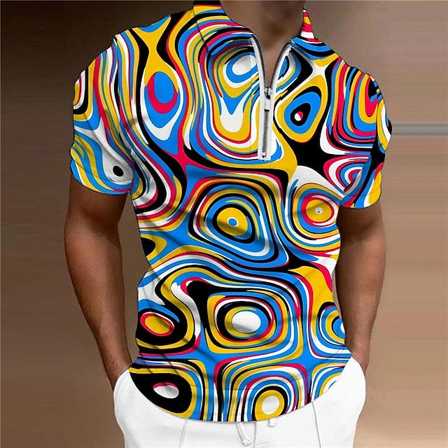 Men's Polo Shirt Golf Shirt Optical Illusion Turndown Sea Blue Red Blue ...
