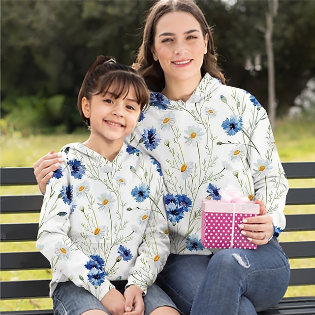 Baby & Kids Matching Outfits | Mommy and Me Hoodie Floral Sports & Outdoor Print Blue Red Long Sleeve Active Matching Outfits - 