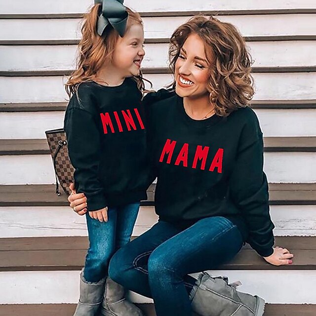 Baby & Kids Matching Outfits | Mommy and Me Sweatshirt Letter Street Print White Black Gray Long Sleeve Active Matching Outfits 