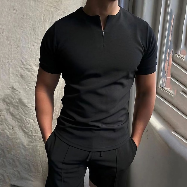  Per uomo maglietta Mezza camicia con zip Liscio Colletto Mao Strada Sport Manica corta Cerniera Abbigliamento Di tendenza Originale Informale Comodo