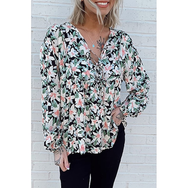  Women's Blouse Floral Daily Weekend Floral Blouse Peplum Shirt Long Sleeve Lace up Flowing tunic Print V Neck Casual Streetwear Green Blue Pink S / 3D Print