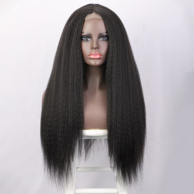 Beauty & Hair Wigs & Hair Pieces | Lace Front Wig Kinky Straight Black Wig Yaki T Part Synthetic Lace Wig180% Heat Resistant Mid