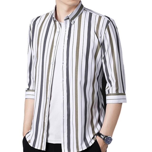 Mens Clothing Mens Shirts | Mens Casual Shirt Striped Standing Collar Casual Work Button-Down 3/4 Length Sleeve Tops Fashion Ret