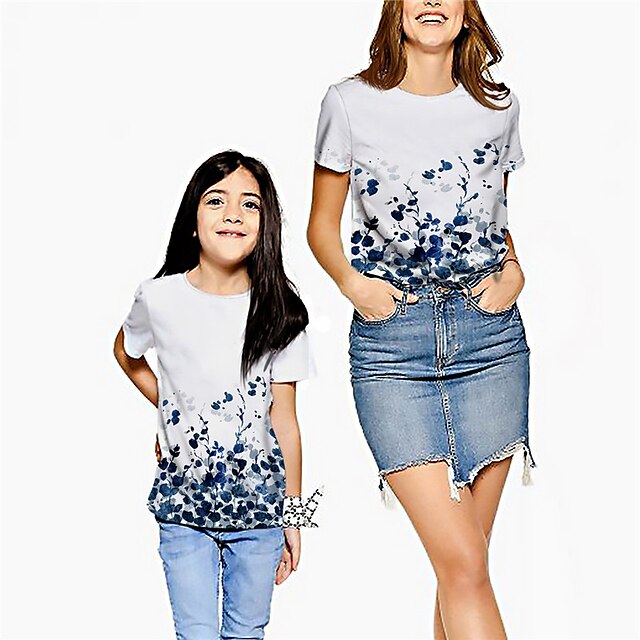 Baby & Kids Matching Outfits | Mommy and Me T shirt Tops Floral Street Print White Pink Short Sleeve Active Matching Outfits - N