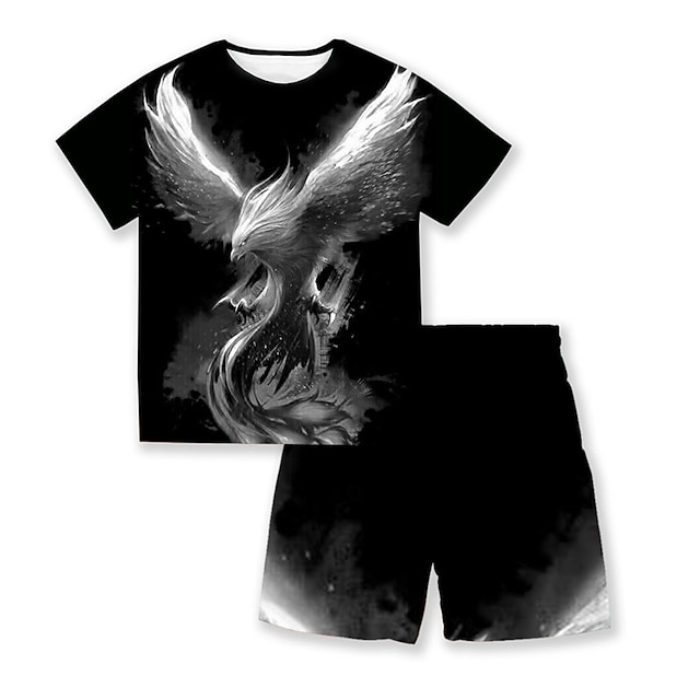 Baby & Kids Boys Clothing | Kids Boys T-shirt & Shorts Clothing Set 2 Pieces Short Sleeve Black Animal Crewneck Print Street Spo