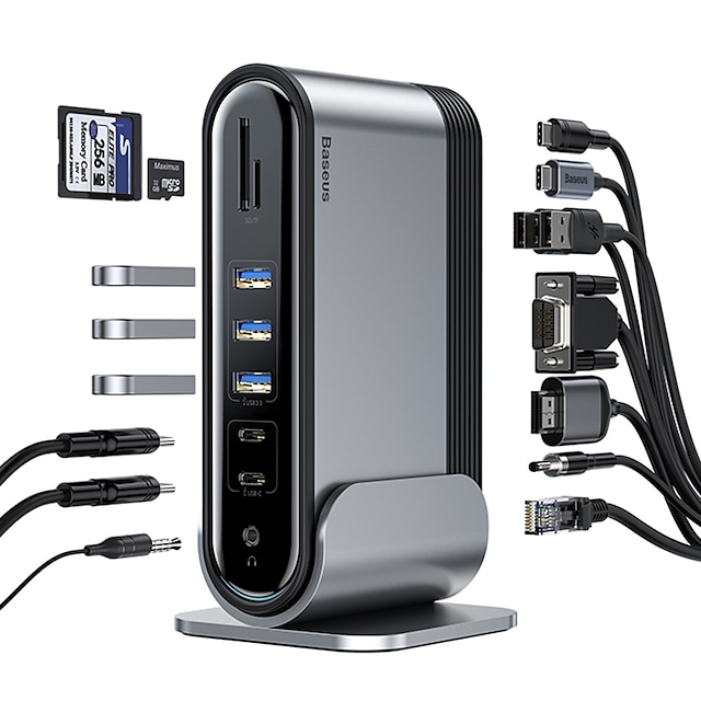  BASEUS USB 3.0 Huber 16 porter Med kortleser (s) USB-hub med Skjermport USB 3.0 USB C Mikro USB Type B Strømforsyning Til