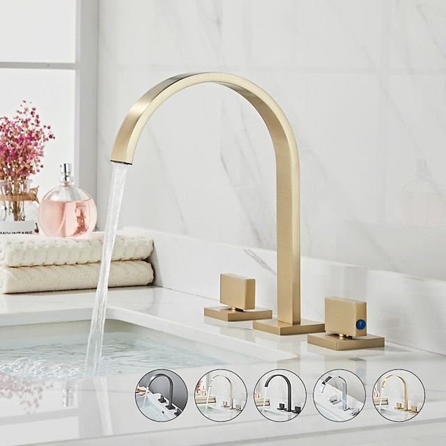  Widespread Bathroom Sink Mixer Faucet, High Arc Basin Taps 3 Hole 2 Handle Basin Tap Deck Mounted, Y-shape Quick Connect ashroom Vessel Water Tap with Cold Hot Hose