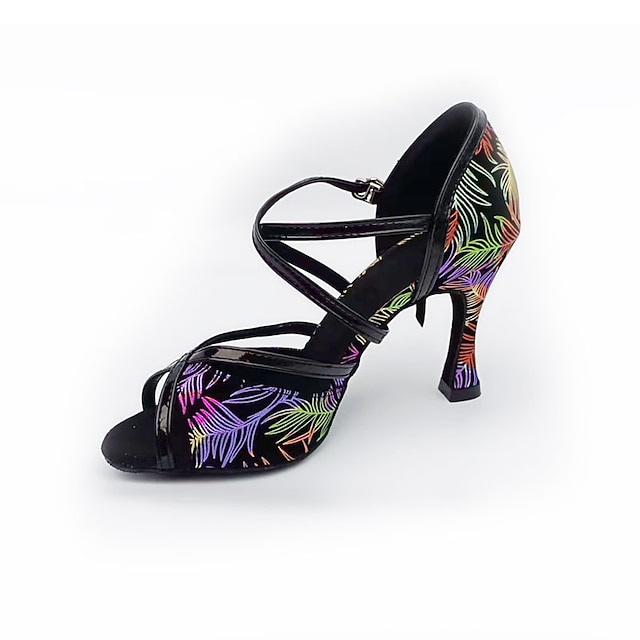  Dames Latin schoenen Dansschoenen Voor Binnen Prestatie ChaCha Bloemen Hakken Patroon / Print Vintage Hoge Hak Open teen Kruisriem Volwassenen Zwart / Rood / Sprankelende glitter / Satijn