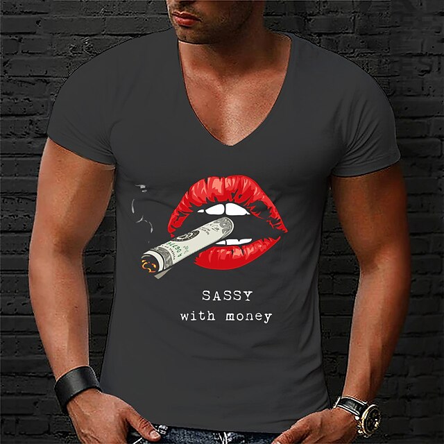 Mens Clothing Mens Tees & Tank Tops | Mens Unisex T shirt Tee Hot Stamping Mouth Letter V Neck Street Casual Print Short Sleeve 