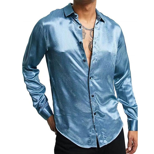  男性用 プロムシャツ ディスコシャツ サテンシルクシャツ ブルー 長袖 純色 折襟 春、夏、秋、冬 結婚式 パーティー 衣類 ボタンダウン