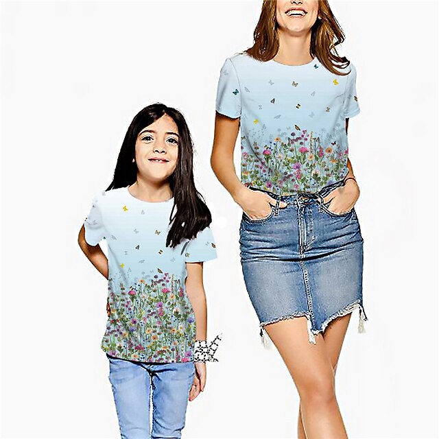 Baby & Kids Matching Outfits | Mommy and Me T shirt Tops Butterfly Animal Street Print Blue Short Sleeve Active Matching Outfits