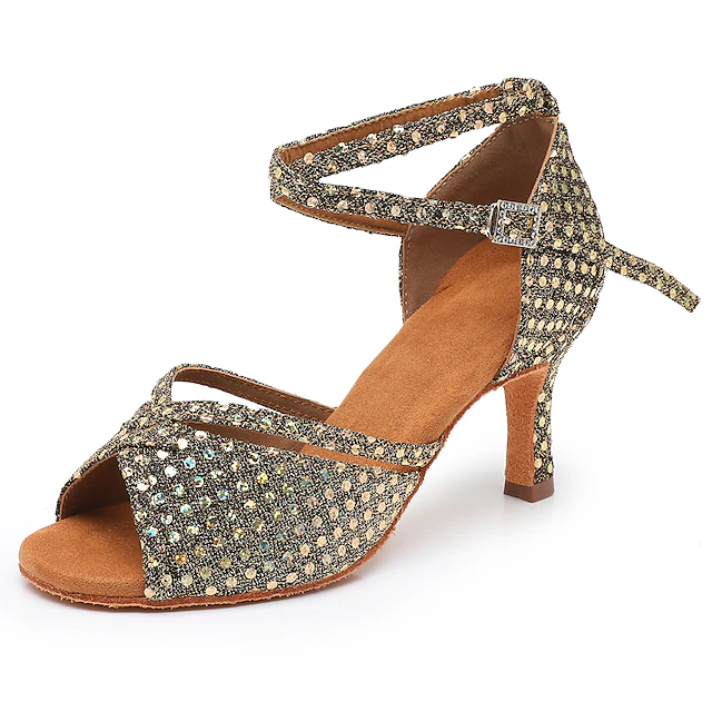 Women's Latin Shoes Dance Shoes Indoor Professional ChaCha Glitter Crystal Sequined Jeweled Softer Insole High Heel Round Toe Buckle Adults' Dark Brown / Sparkling Glitter / Satin 22