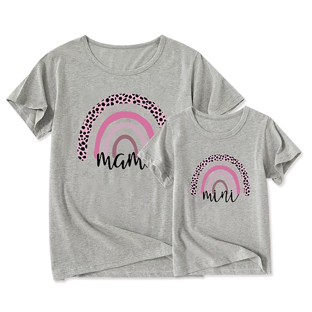 Baby & Kids Matching Outfits | Mommy and Me T shirt Tops Rainbow Leopard Letter Daily Print White Gray Pink Short Sleeve Basic M