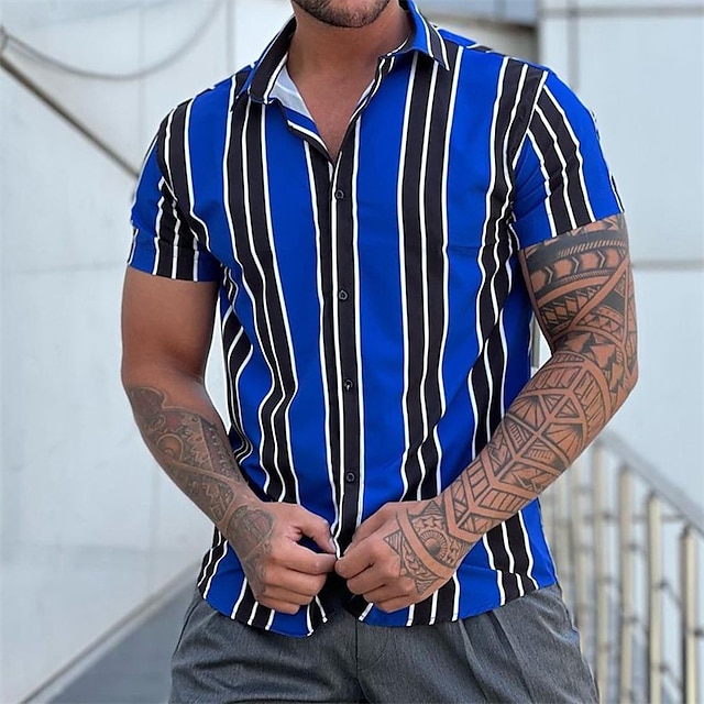 Mens Clothing Mens Shirts | Mens Shirt Striped Turndown Street Casual Button-Down Short Sleeve Tops Casual Fashion Comfortable B