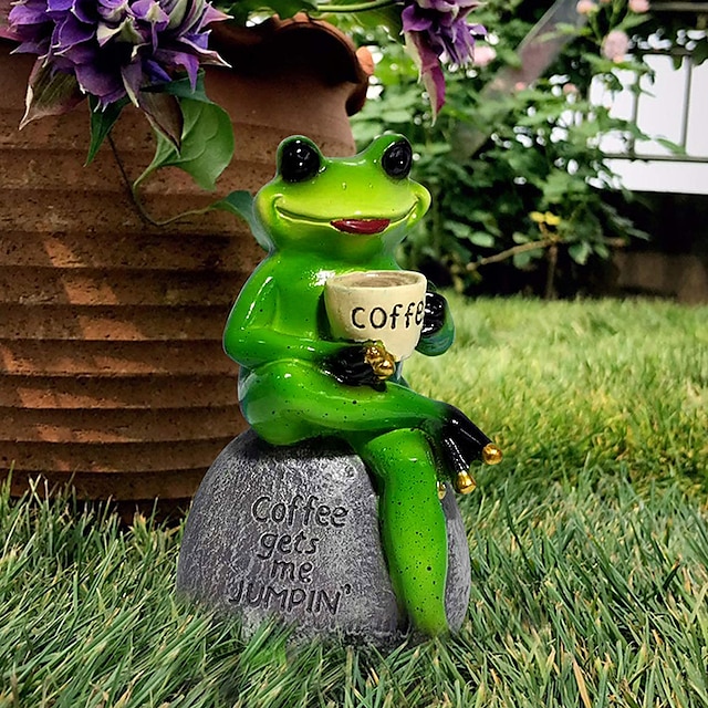  Songlake Creative Cute Frog Statue Garden Frog Drinking Coffee Resin Statuette Craft Decoration Sculpture Indoor Outdoor Garden Decoration