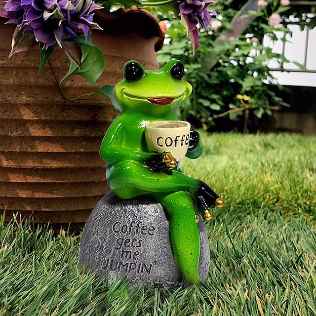 Songlake Creative Cute Frog Statue Garden Frog Drinking Coffee Resin Statuette Craft Decoration Sculpture Indoor Outdoor Garden Decoration 8