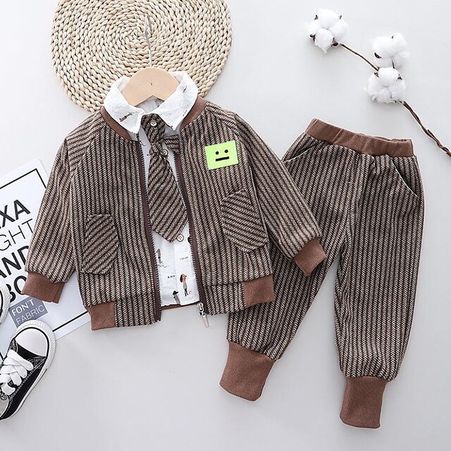 Baby & Kids Boys Clothing | Kids Boys Suit & Blazer Clothing Set 4 Pieces Short Sleeve Black Gray Khaki Stripe Print Party Birth