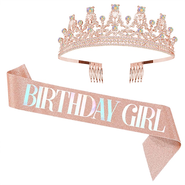  Birthday Crown & Birthday Girl Sash Set, Rhinestone Tiaras and Crowns for Women Girls Gold Tiara Birthday Gold Sash Princess Tiaras Queen Crowns for Birthday Party Photoshoot