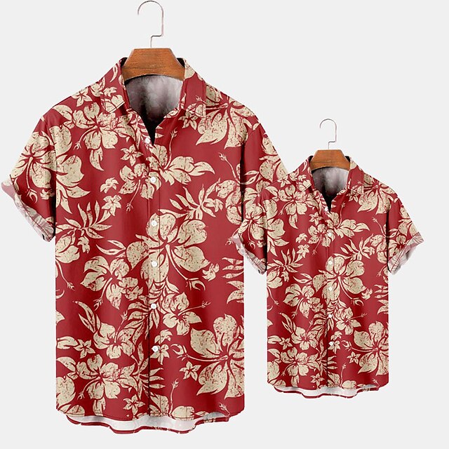 Baby & Kids Matching Outfits | Dad and Son Shirt Tops Floral Street Print Red Short Sleeve Active Matching Outfits - GM47835