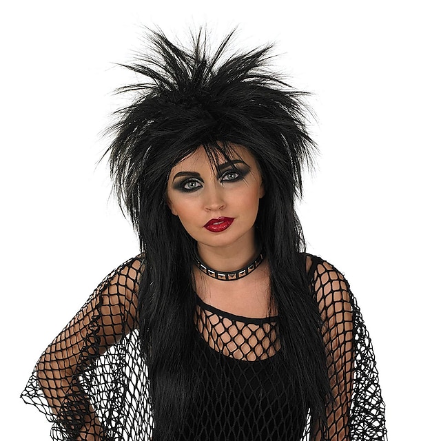  perucas emo adultos peruca rocker preta anos 80 décadas glam rock acessório de cabelo espetado perucas pretas retas peruca de halloween